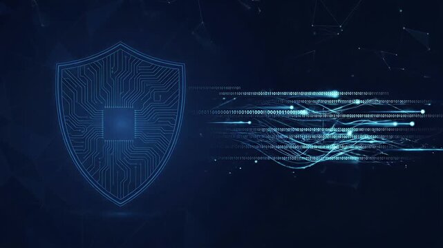 Cybersecurity technology background, glowing digital shield made from interconnected circuit lines, abstract encrypted data streams, dark navy background, blue neon illumination