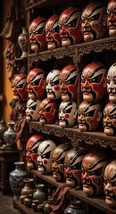 Fototapeta premium Traditional kabuki and theater masks displayed on wooden shelves in antique shop, rows of painted ceramic faces conveying cultural heritage and dramatic expression