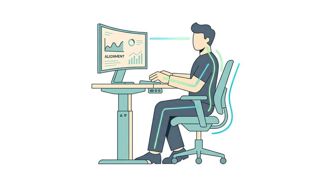 Illustration of a person maintaining proper ergonomic posture while working at an adjustable desk with a computer.