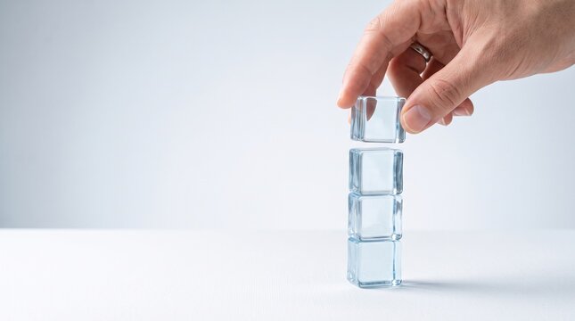 Minimalist glass cubes stacked by hand, transparent crystal blocks for business growth concept, clear glass stack on white background