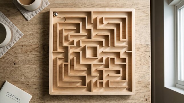 Wooden labyrinth puzzle on oak table, square timber maze game with metal ball, minimalist tabletop brain teaser for strategy and focus