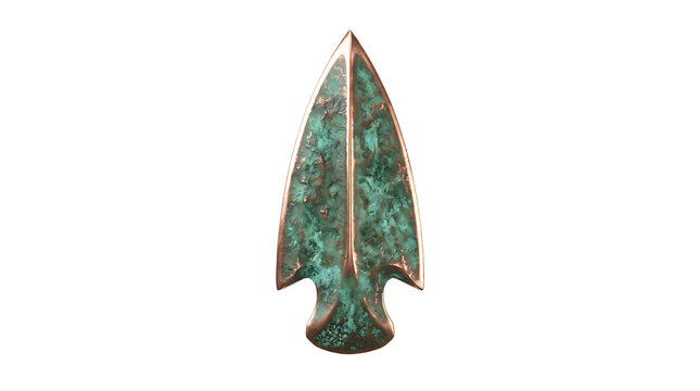 Antique arrowhead bronze patina isolated object ancient weapon tip primitive artifact historical tool artifact hunting discovery exploration archaeology museum relic.