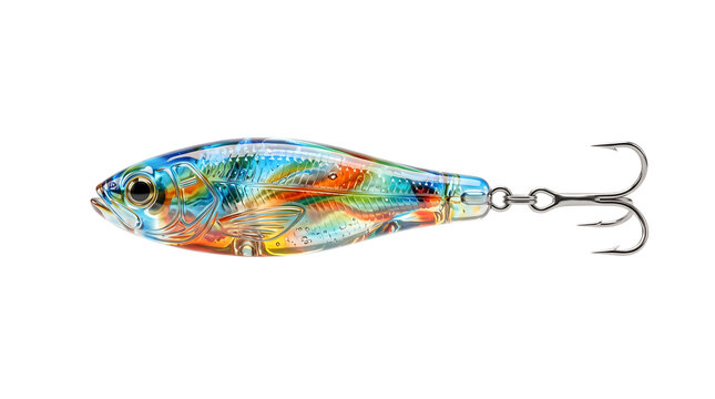 Realistic fishing lure shaped like a fish, transparent body with colorful details, isolated on transparent background, accessory for sport.