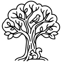 Fototapeta premium Detailed black and white line art of a nature tree with a bird and a squirrel, wildlife