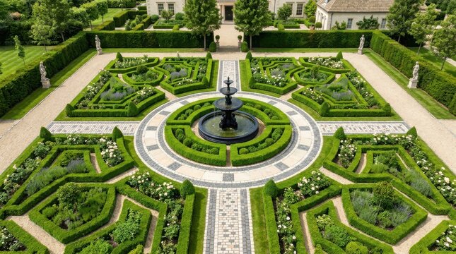 Formal English garden with intricate parterre design and central fountain