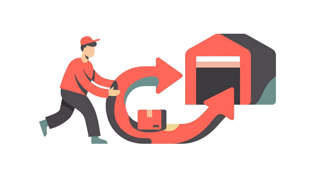 A delivery worker pushing a large circular arrow indicating a return or reverse logistics process for a package to a warehouse.