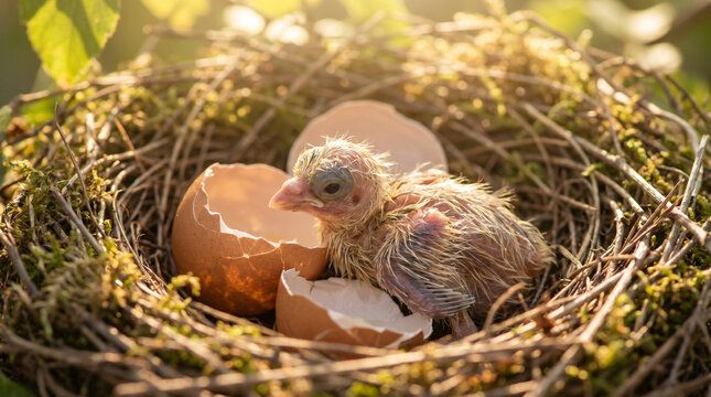 Newly Hatched Bird Chick Sitting in A Nest with Broken Eggshell Fragments
