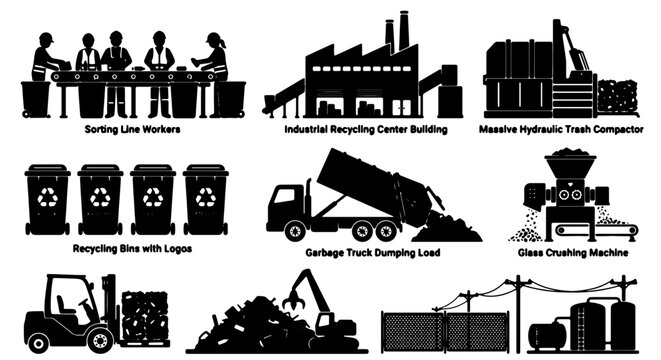 Recycling Industry Icons Set: Sorting Line Workers, Industrial Building, Compactor, Garbage Truck, Glass Crusher, Forklift, Waste Pile, Processing Plant, Recycling Bins
