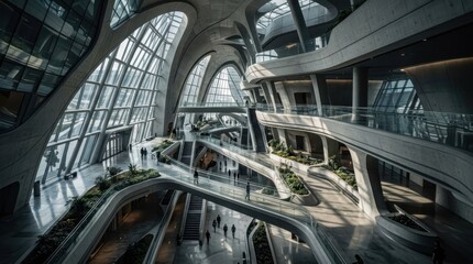 Fototapeta premium Futuristic Organic Architecture Interior with Curved Concrete Structures, Glass Walls and Greenery