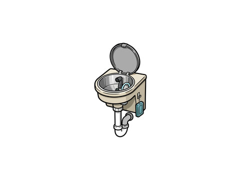 Wall Mounted Bedpan Macerator With Open Lid Metallic Basin Faucet Blue Hose And Control Box