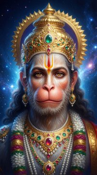 Lord Hanuman portrait adorned with gold jewelry and crown against cosmic background. Divine monkey god spiritual visage for festivals, worship, and sacred art. Powerful deity presence fills universe.