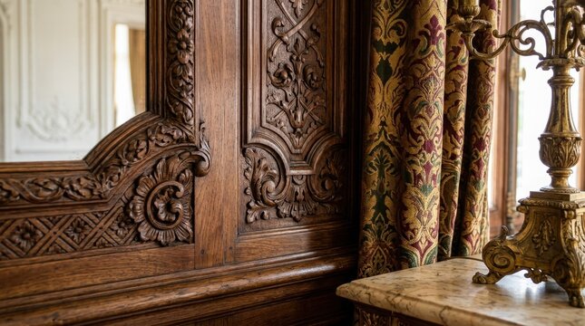 Elegant Antique Wooden Furniture with Detailed Floral Carvings and Luxurious Vintage Interior Decor