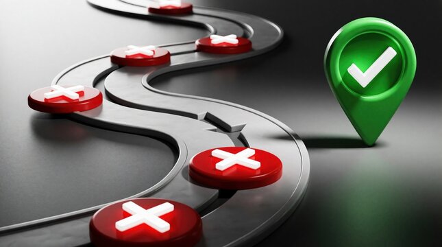 Winding road with red cross marks represents mistakes and wrong turns. Green checkmark location pin signifies reaching the correct destination. Successful path choice.