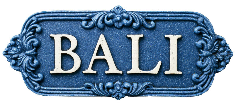 Bali word sign blue carving style. Tropical holiday concept. Generative AI technology.