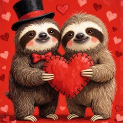 Obraz premium Two sloths hold a red heart on Valentines Day. One sloth wears a top hat and bow tie. Cute animals share love and affection. Red background with hearts.