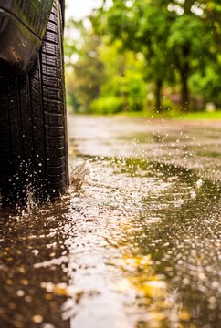 Black car tire driving through a large rain puddle creating dynamic water splashes on wet pavement