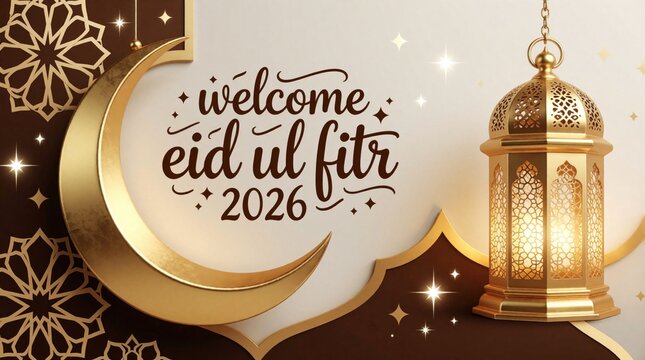 Golden crescent moon lantern and islamic pattern welcome Eid ul Fitr 2026. Festive holiday greeting with starry background. Muslim celebration wishes and blessings for joy.