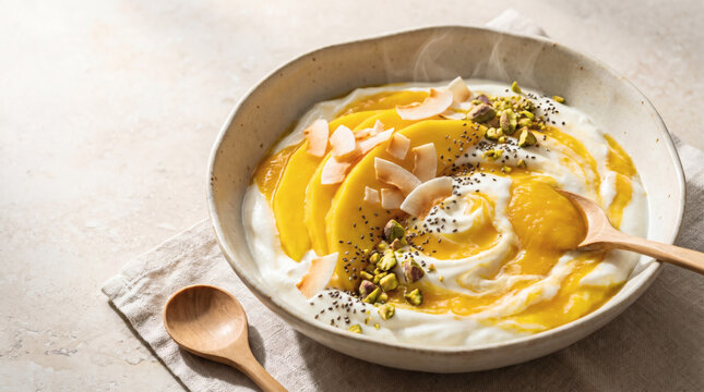 Creamy greek yogurt bowl topped with sliced fresh mango coconut flakes pistachios chia seeds and puree served with wooden spoons on a stone surface for healthy breakfast