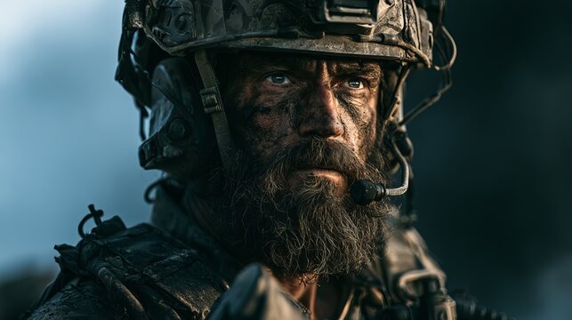 Bearded soldier in special forces gear bravely fought in a dangerous enemy zone.