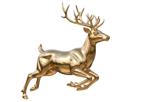 Metallic golden deer jumping isolated on transparent background for decor