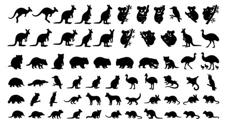 Fototapeta premium Australian Wildlife Silhouettes Collection: Kangaroos, Koalas, Wombats, Emus, and More Vector Icons for Nature and Safari Designs