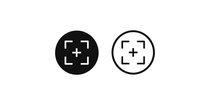 Crosshairs icon in circle symbol set black and white for focus target zoom aim.