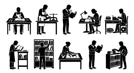 Fototapeta premium Craftsmanship and Study: Diverse Silhouettes of Artisans and Scholars Engaged in Detailed Work, Vector Icons for Creative Projects
