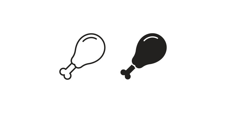 Black chicken leg drumstick icons in outline and solid styles for food menu branding and culinary visual communication elements.