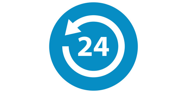 Blue twenty four hour service icon with circular arrow symbol.