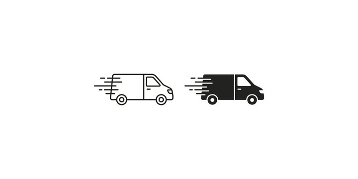 Fast delivery van with motion lines, outline and solid style for speed concept.