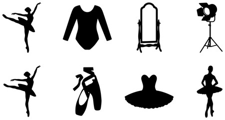Ballet Dancer Silhouettes, Leotard, Ballet Shoes, Tutu, Mirror, Spotlight Icons Set: Graceful Performance & Studio Elements © Munna