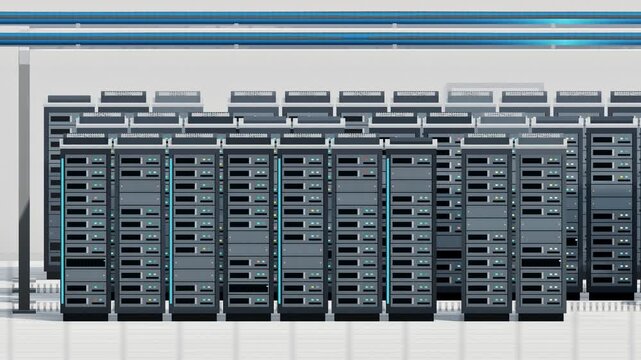 Front view of AI data center server rack wall with blinking LEDs
