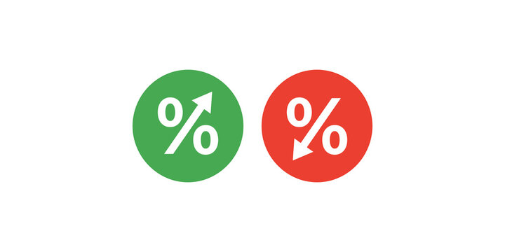 Percentage icons with up and down arrows, green for increase and red for decrease, representing financial interest rates or discounts.