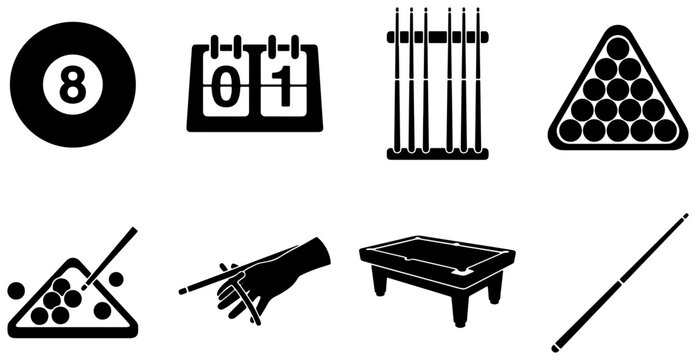 Billiard Icon Set, Pool Game Equipment Collection, 8-Ball, Rack, Cues, Table, Scoreboard Vector Graphics for Sports and Leisure