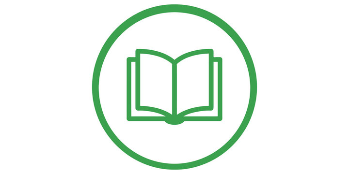 Open book icon inside green circular frame for educational resources and learning applications.