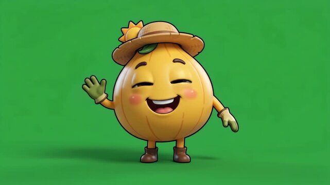 Cute onion character wearing a hat and waving hello, with a friendly smile on a green background.