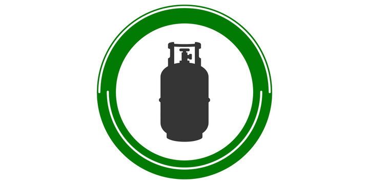 Gas cylinder icon in green circular frame for industrial and energy related projects.