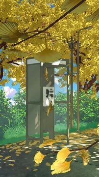 Phone booth and yellow autumn leaves