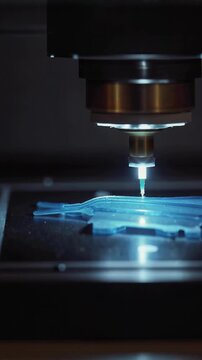 3D printer nozzle laying filament in dark workshop