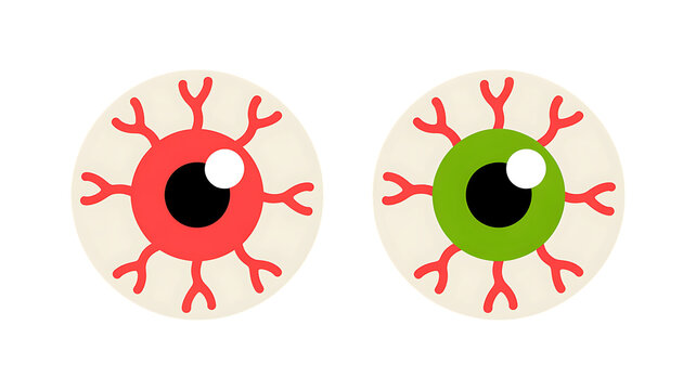 Two eyeballs, one red and one green, with a black pupil and veins spreading out