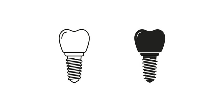 Outline and filled black dental implant icon, modern tooth replacement symbol.