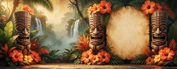 Obraz premium Tropical luau background with tiki statues, hibiscus flowers. Exotic jungle landscape features waterfalls, palm trees. Empty parchment frame sits between wooden totems for party invitation summer