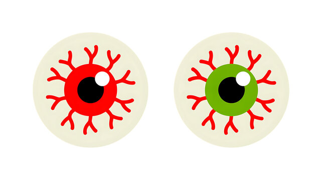 Two cartoon eyeballs, one red and one green, stare outwards. The eyeballs are round and white with prominent bloodshot veins spreading from the iris