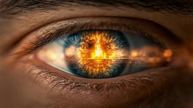 Terrified Eye Reflecting Firelight in Dark Room