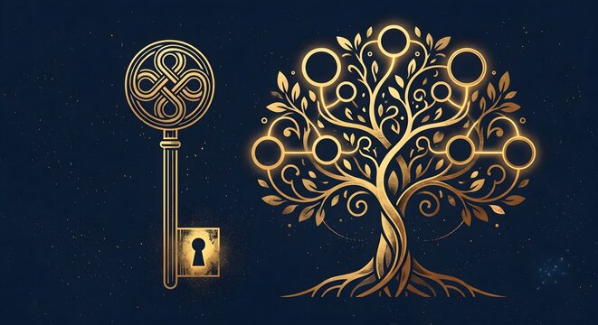 Premium artistic silkscreen print style wealth heritage key and tree on navy background