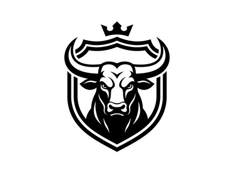 Fierce angry bull head mascot logo vector illustration with shield and crown emblem design in black and white