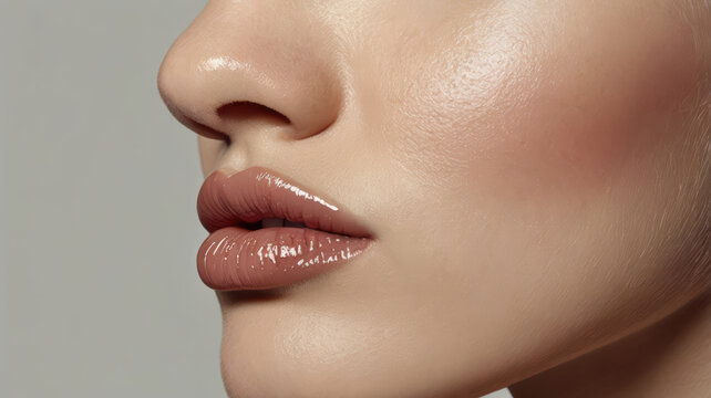 Plump glossy lips and smooth skin in close up beauty portrait