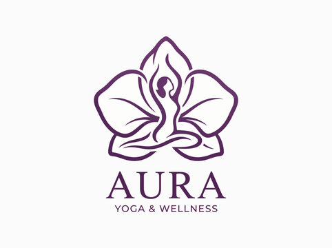 Minimalist purple yoga logo showing woman in orchid flower for wellness health meditation branding