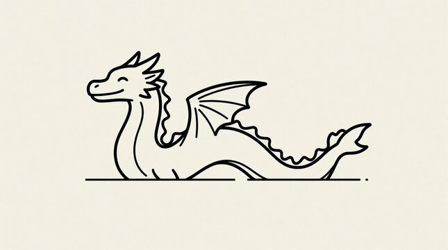Minimalist line art drawing of a friendly dragon with wings appears to be emerging from water on plain background. Simple creature graphic for fantasy themes.