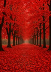 Obraz premium Vibrant red autumn forest path.